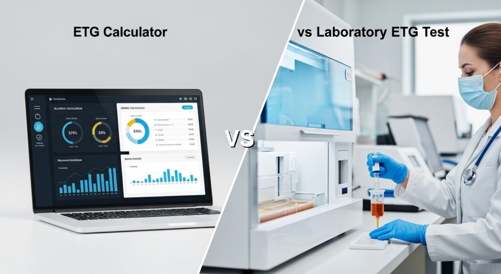 ETG calculator vs laboratory ETG test accuracy comparison showing digital alcohol calculator and urine lab testing process